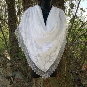 Big White Square Shawl with Lace on all sides Orthodox Church Head Scarf Wedding